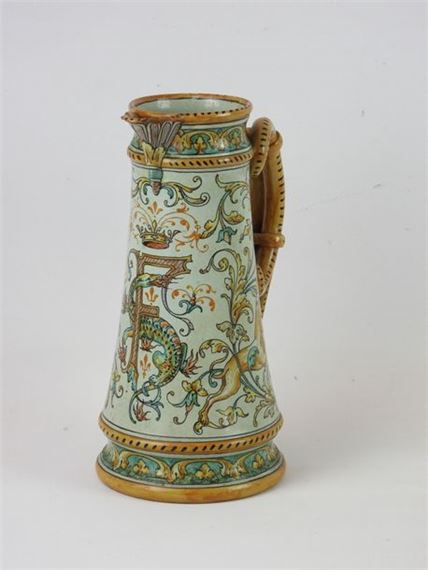 : Aiguiere in polychrome earthenware decorated with an F and salamander entwined by Ulysse Besnard