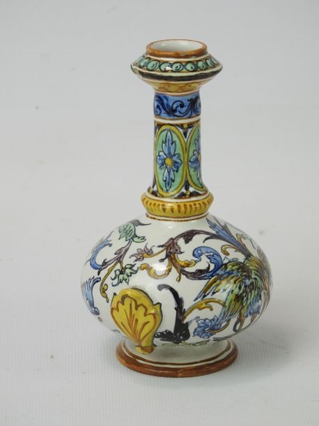 Artwork by Ulysse Besnard, Small earthenware vase of ovoid form on pedestal with high soliflore neck decorated with two polychrome birds on white background, Made of earthenware