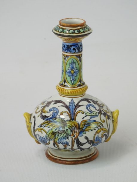 Artwork by Ulysse Besnard, Small earthenware vase of ovoid form on pedestal with high soliflore neck decorated with two polychrome birds on white background, Made of earthenware