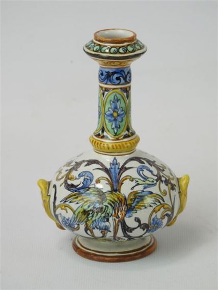 Small earthenware vase of ovoid form on pedestal with high soliflore neck decorated with two polychrome birds on white background by Ulysse Besnard, dated 1869