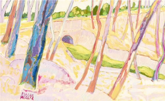 A vibrant watercolor landscape featuring a winding path through a grove of trees.