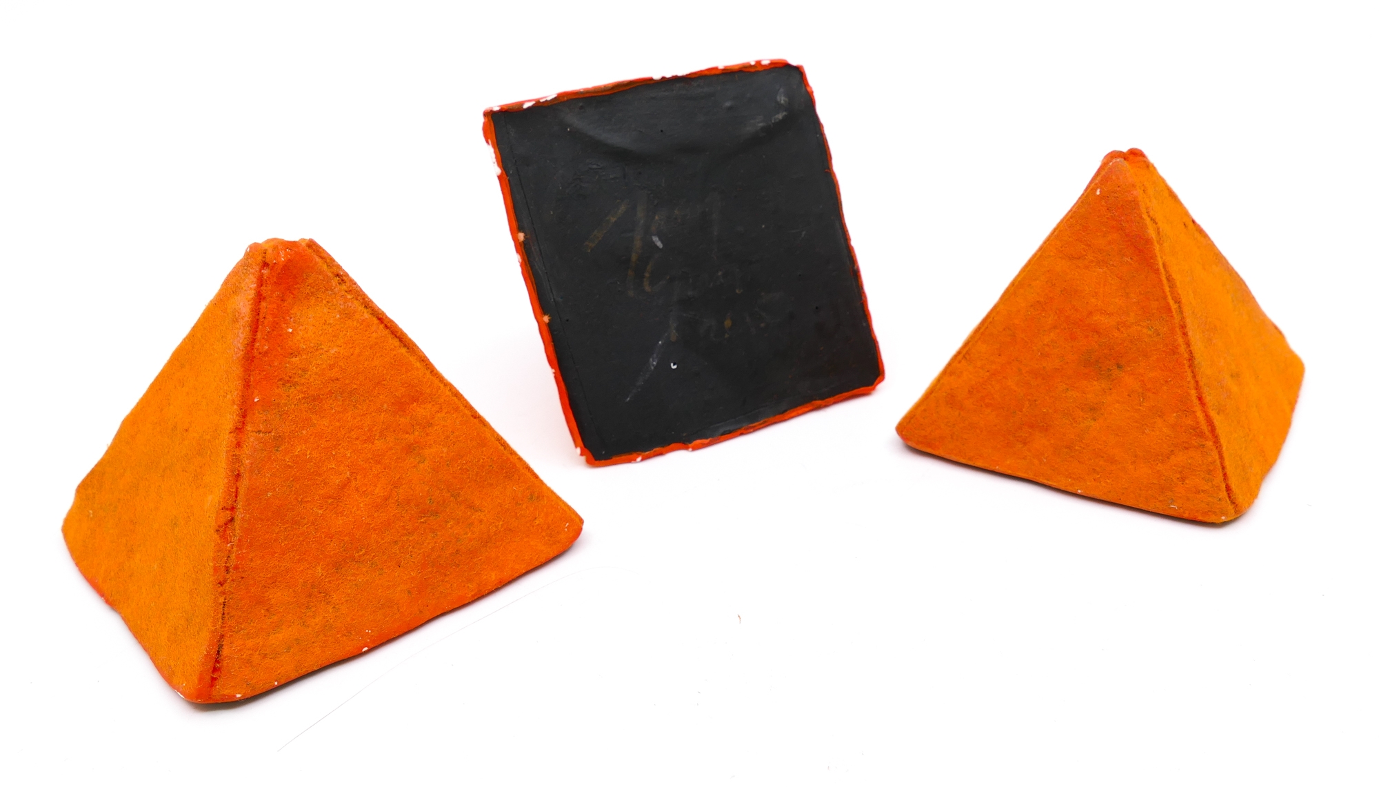 Artwork by Troy Gua, Troy Gua Trio of Orange (Dorrito) Pyramids, Made of Acrylic and flocked plaster
