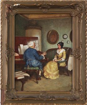 Die Klavierstunde (Klavierlehrer in blauem Gehrock mit schüchterner Elevin in Biedermeier-Salon) - Max von Clarmann von Clarenau