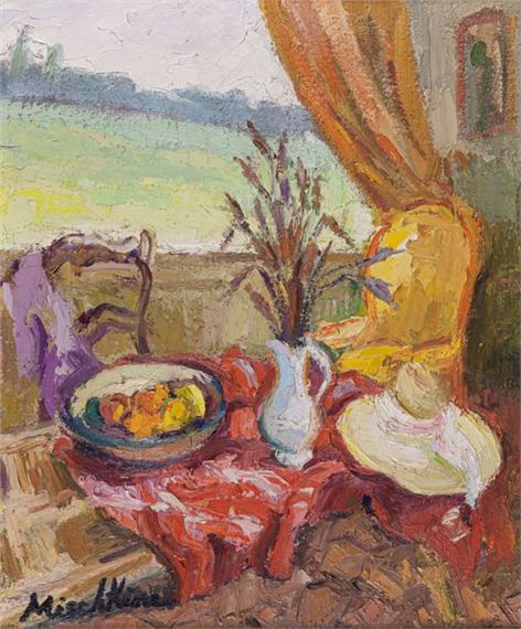 Nature morte, table à la corbeille à fruits, au pichet fleuri et au chapeau, une fenêtre ouvrant sur un paysage au fond by Olga Mischkine