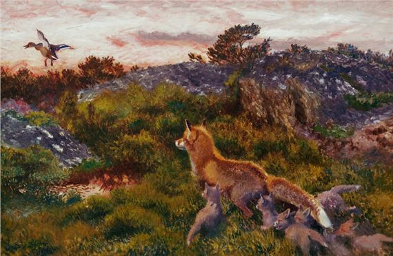 Rävfamilj med sträckande gräsand by Bruno Liljefors, 1914