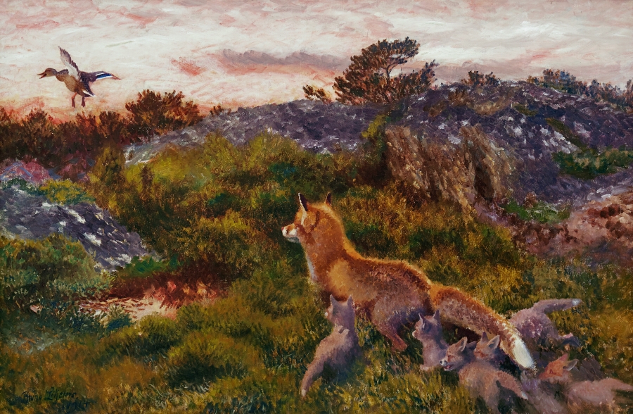 Artwork by Bruno Liljefors, Rävfamilj med sträckande gräsand, Made of oil on canvas