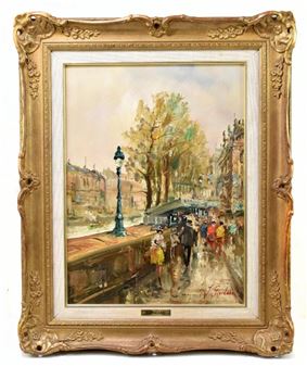Figures walking on Continental street scene beside river - Giordano