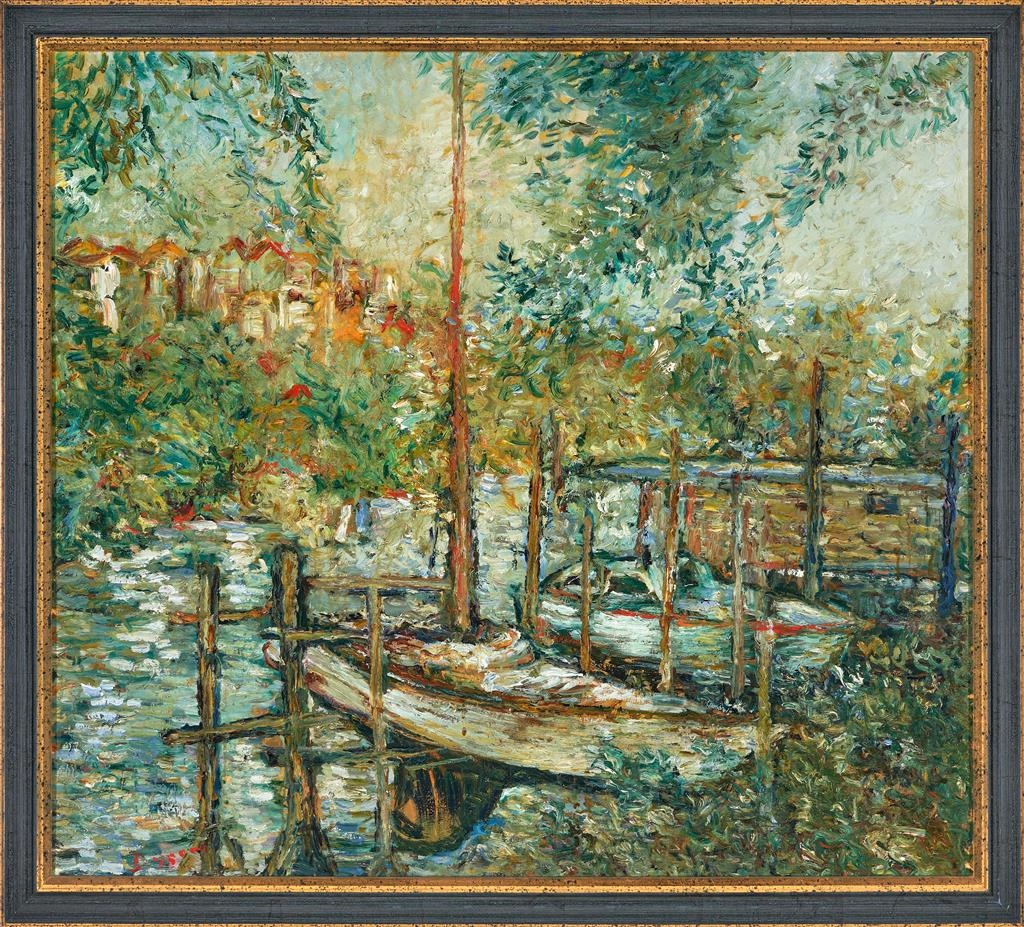 Artwork by Jilly Dyson, Boat Mooring, Made of oil on canvas