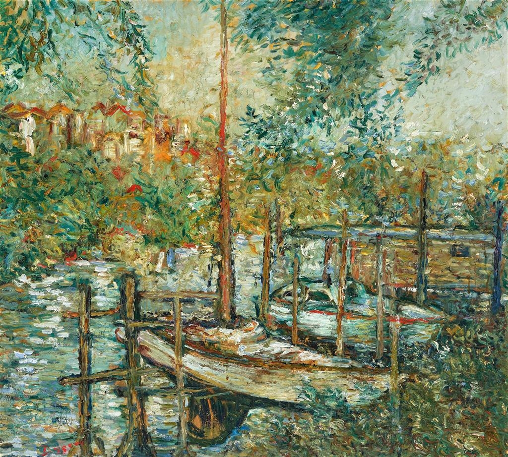 Artwork by Jilly Dyson, Boat Mooring, Made of oil on canvas