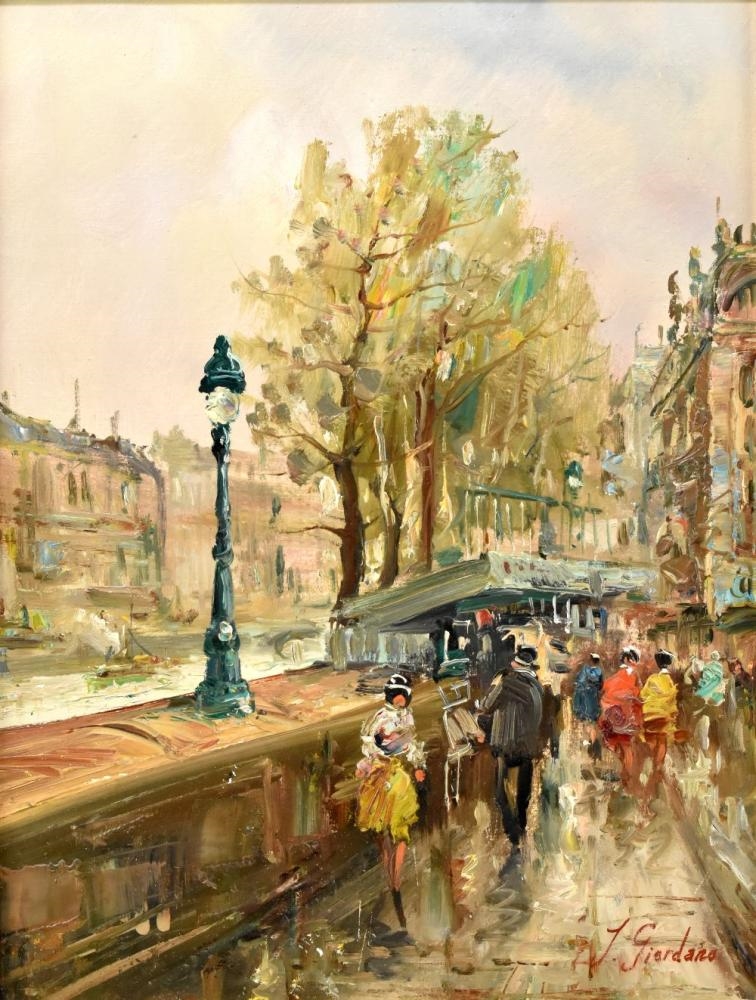 Artwork by Giordano, Figures walking on Continental street scene beside river, Made of oil on canvas