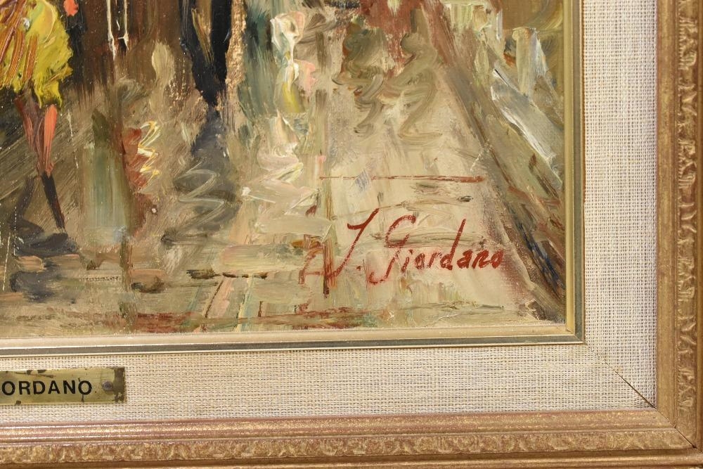 Artwork by Giordano, Figures walking on Continental street scene beside river, Made of oil on canvas