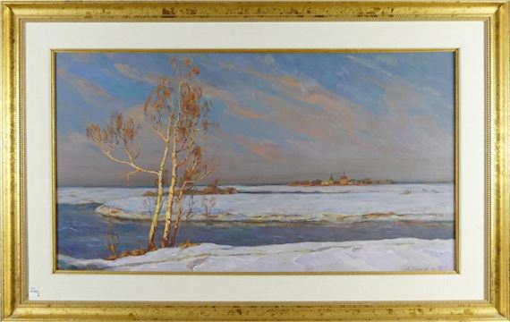 Winter Landscape with Village in Distance by Andrei Dmitrievich Bulekov, dated 1991