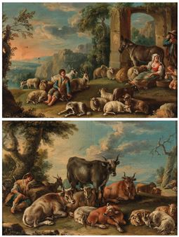 A pair of southern landscapes with shepherds and their flock - Matthias Twinger