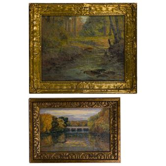 Landscape depicting river and bridge, a forested landscape - W. W. Purvis