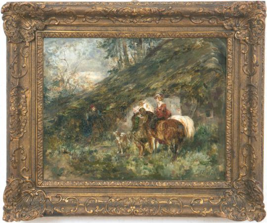 Reiterpaar vor Waldhütte by Gustav Eggena, '93