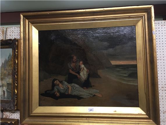 "Shipwrecked", a study of a father and child with mother laying on a coat in foreground on a beach - Blerritt Darling