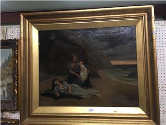 "Shipwrecked", a study of a father and child with mother laying on a coat in foreground on a beach - Blerritt Darling