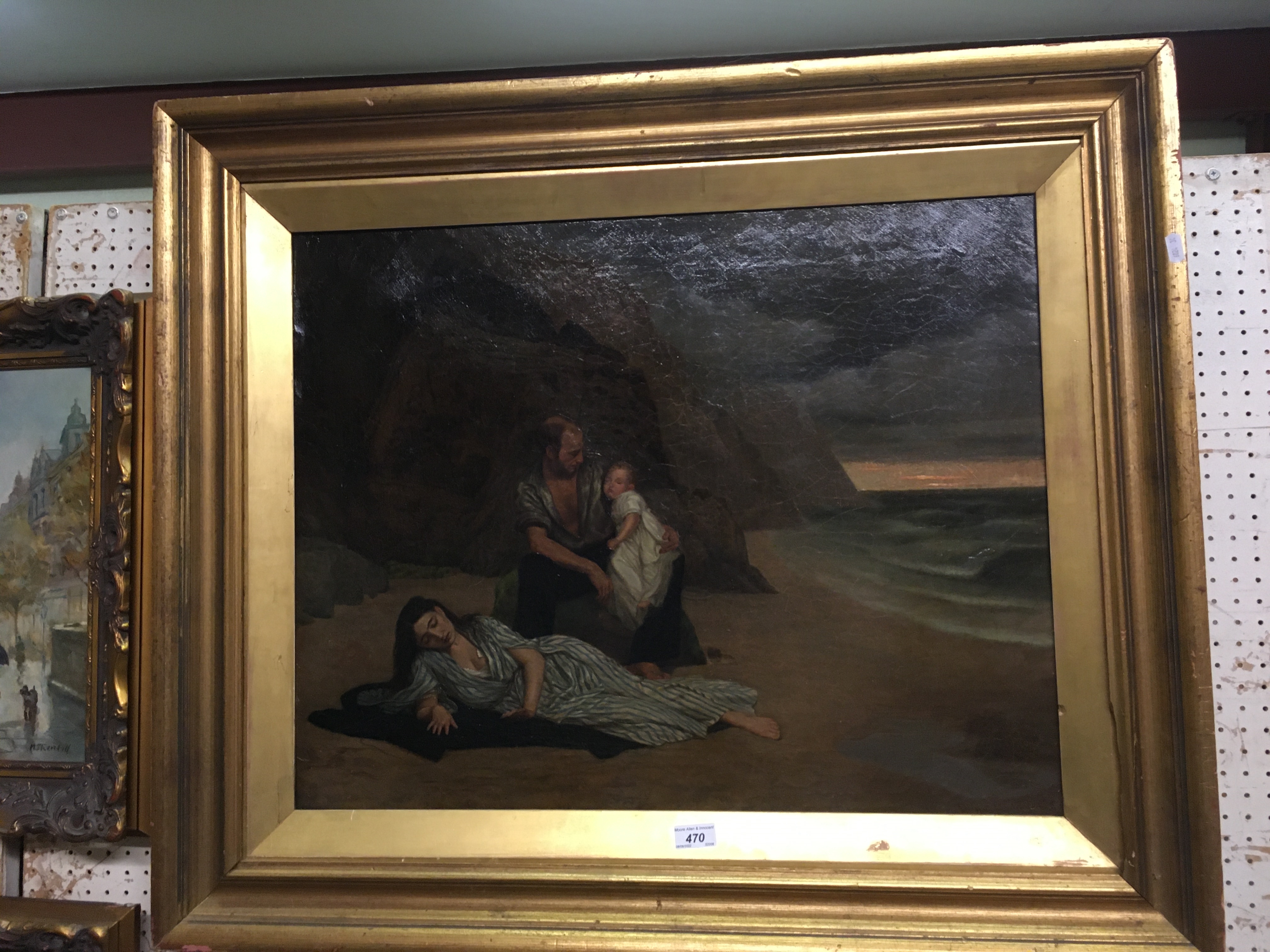 Artwork by Blerritt Darling, "Shipwrecked", a study of a father and child with mother laying on a coat in foreground on a beach, Made of oil on canvas