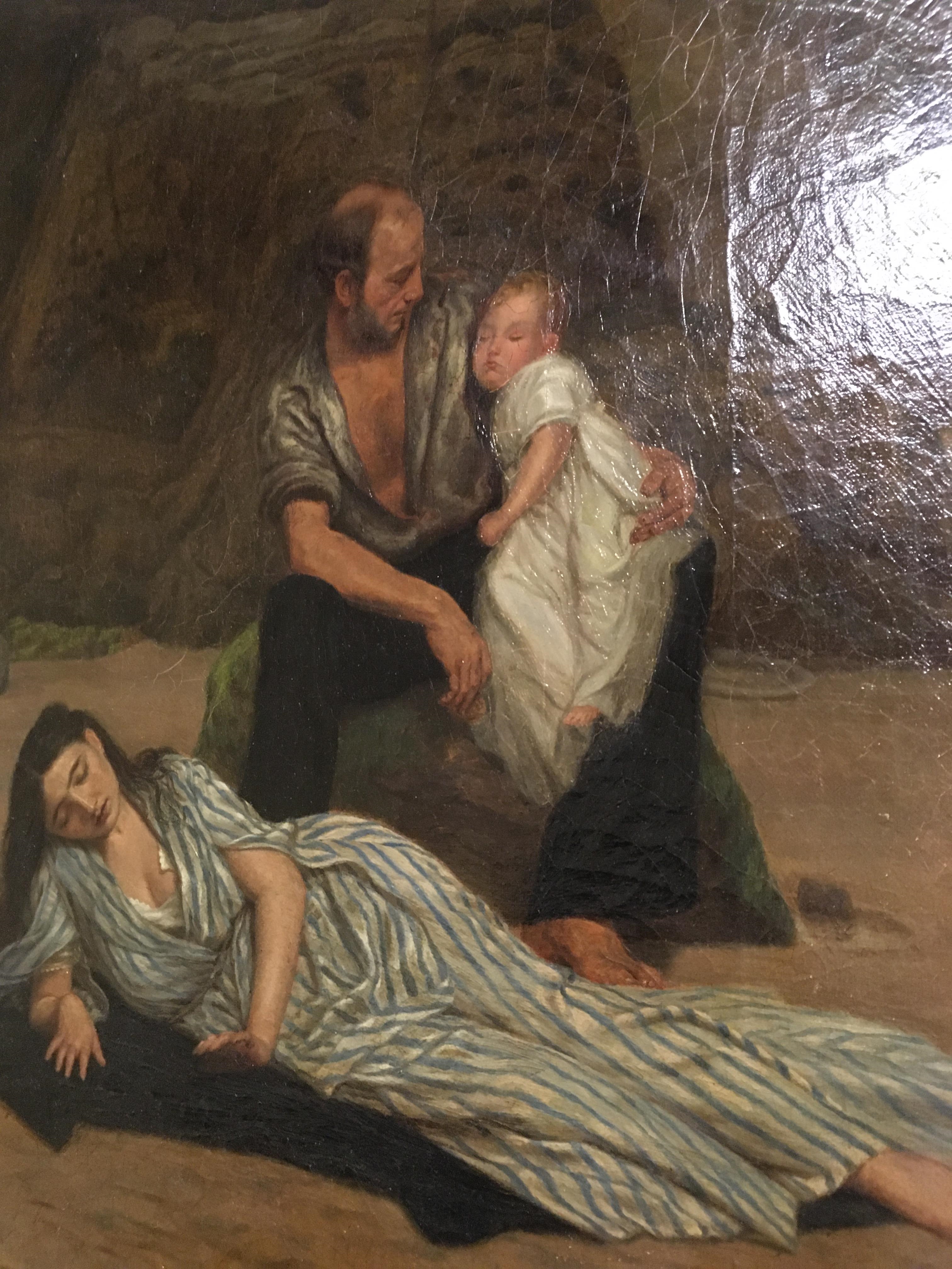 Artwork by Blerritt Darling, "Shipwrecked", a study of a father and child with mother laying on a coat in foreground on a beach, Made of oil on canvas