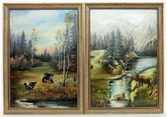 BAUMANN, THEODOR German painter circa 1925 Wood grouses on a forest clearing - Roaring, deer on the mountain stream - Theodor Baumann