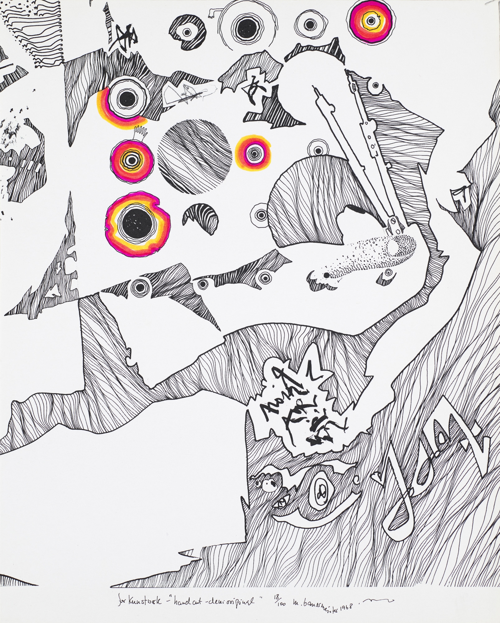 Artwork by Mary Hilde Ruth Baumeister, For Kunstwerk - "hand cut semi original", Made of Lithograph reworked with felt-tip pen and on paper.