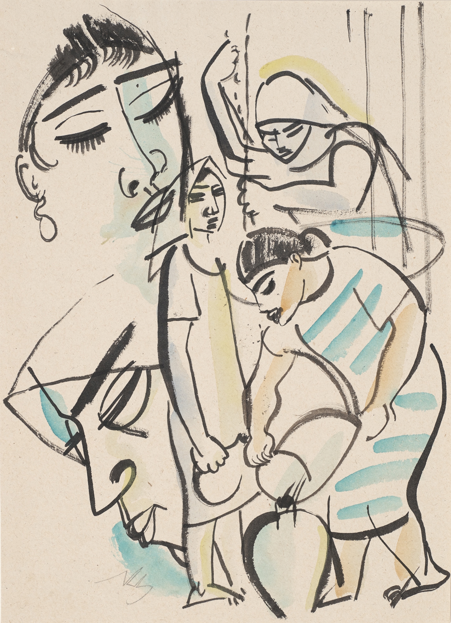 Artwork by Richard Ziegler, Frauen mit Tonkrügen, Made of Watercolour on chamois-coloured paper