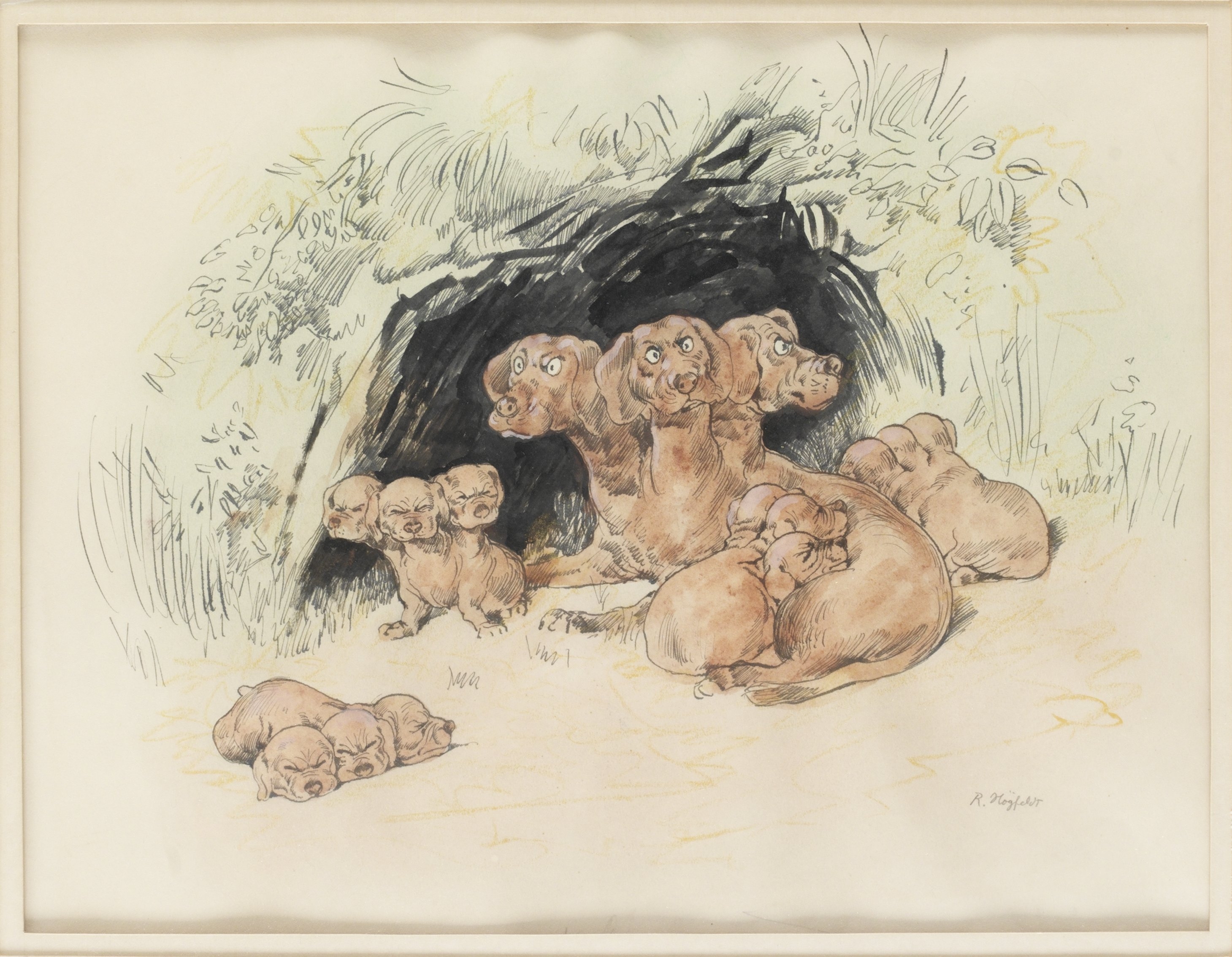 Artwork by Robert Högfeldt, Trehövdade hunden Cerberus med valpar
