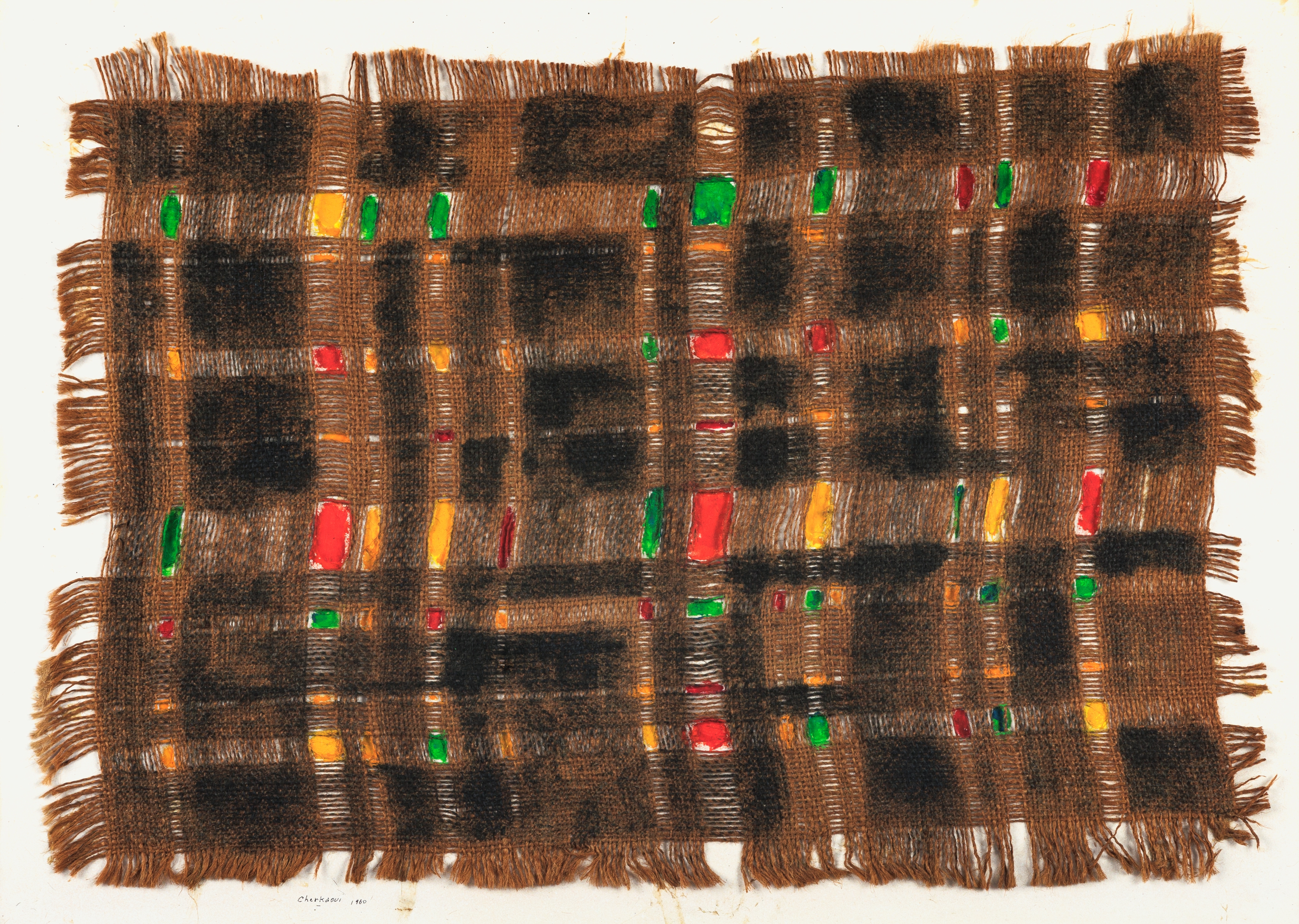 Artwork by Ahmed Cherkaoui, COMPOSITION, Made of Burlap and watercolor on cardboard