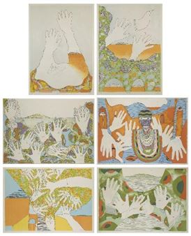 A six-panel artwork featuring a recurring motif of raised hands against varied landscapes and figures.