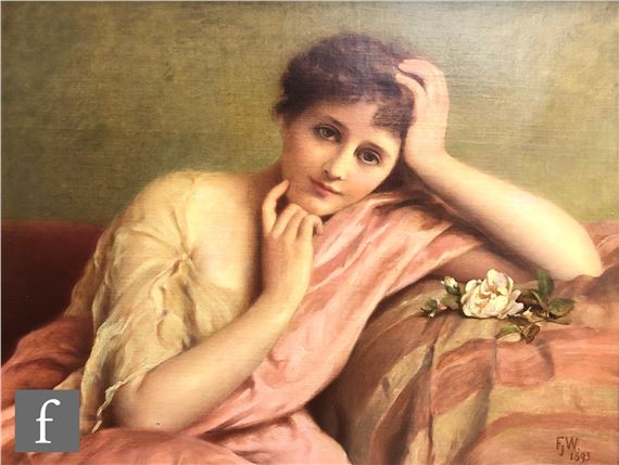 Portrait of a young lady reclining on a chaise lounge by Francis John Wyburd, dated 1893