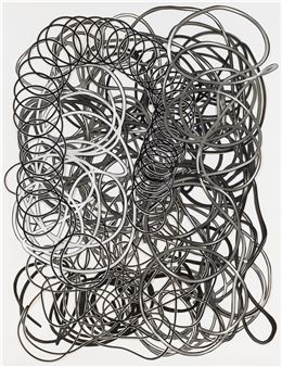 A monochromatic abstract composition of tangled, metallic wire loops.