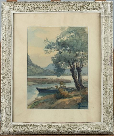Paysage avec barque au bord d'un lac by Yvonne Récamier