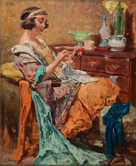 Julius Singer | Dame mit Stickarbeit (1920) | MutualArt
