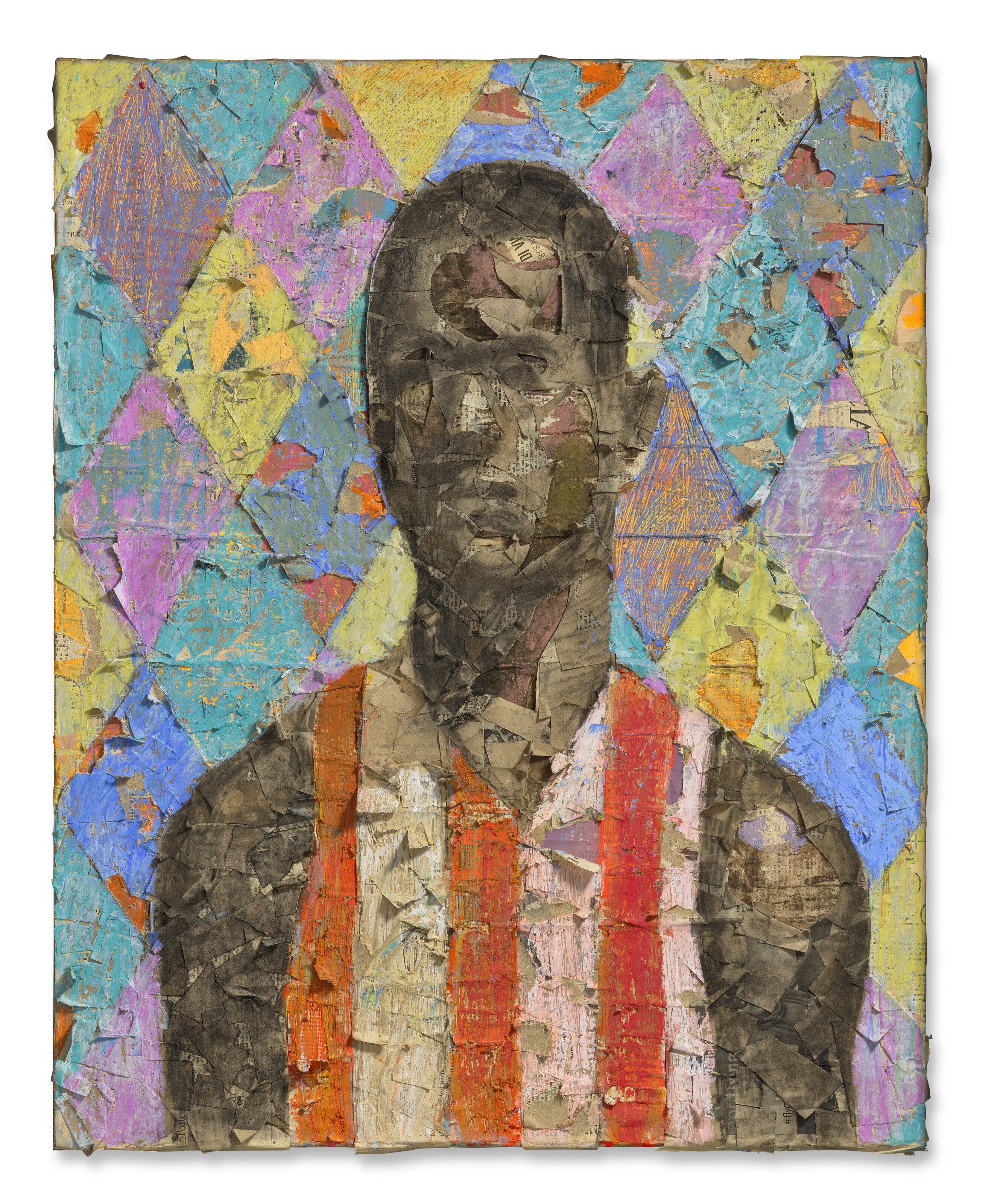 Artwork by Derek Fordjour, No. 98, Made of oil pastel, acrylic and newspaper collage on canvas