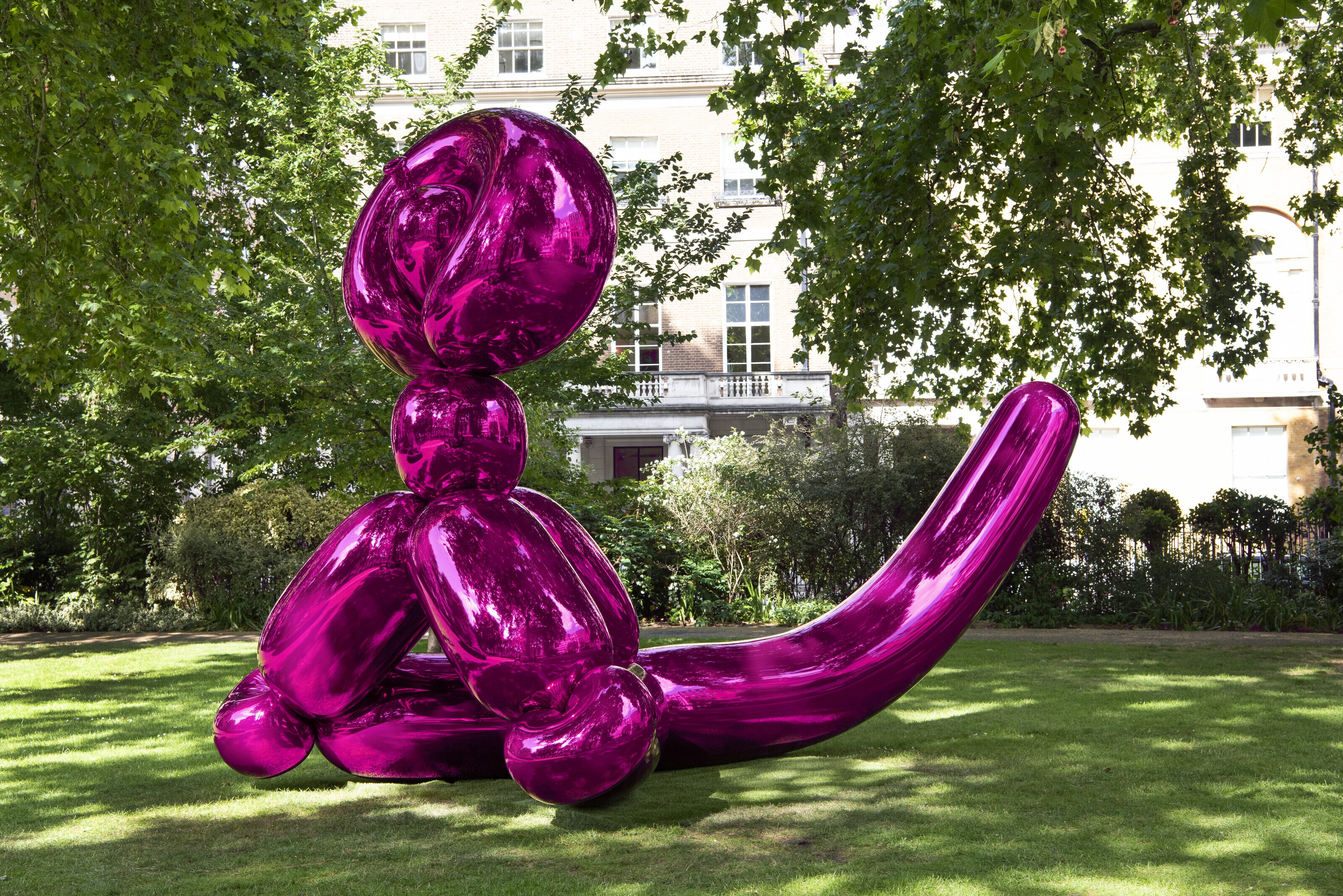 Artwork by Jeff Koons, Balloon Monkey (Magenta), Made of mirror-polished stainless steel with transparent colour coating