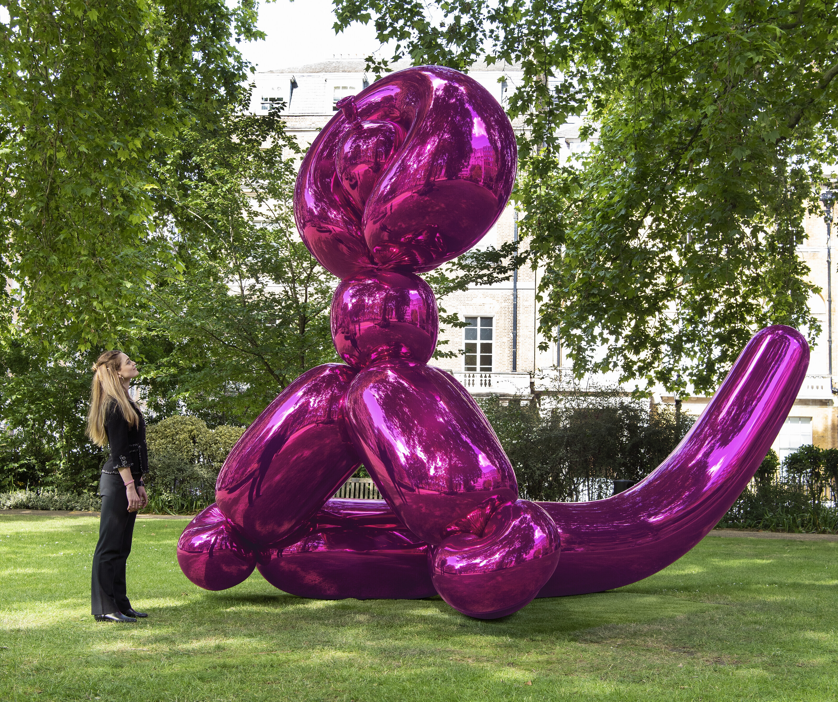 Artwork by Jeff Koons, Balloon Monkey (Magenta), Made of mirror-polished stainless steel with transparent colour coating