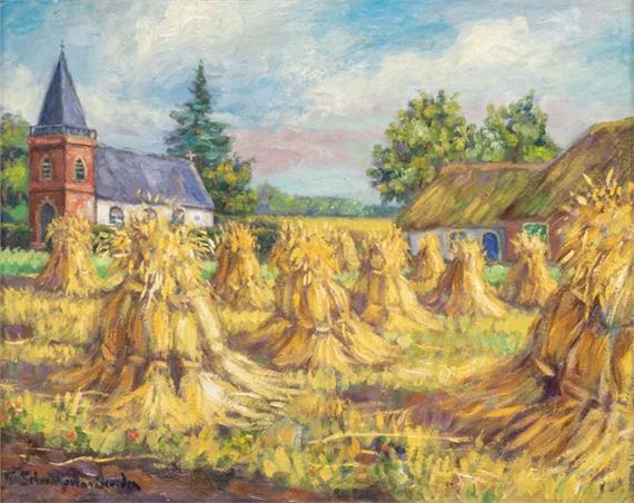 Willy van Schoonhoven van Beurden | Korenschoven op veld bij kerkje