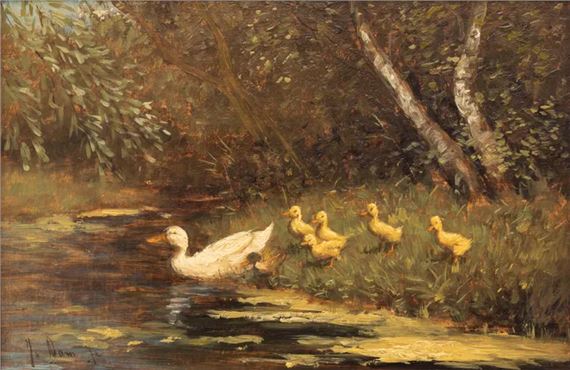 Eendenfamilie aan de waterkant by Jan van Dam