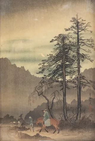 Reizigers bij maanlicht by Takahashi Shōtei