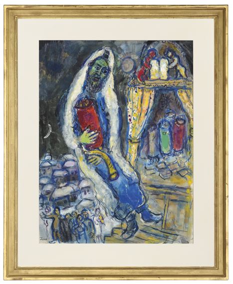 Tableau Reproduction Marc Chagall - Le Rabbin Avec La Torah - Peinture Sur Bois