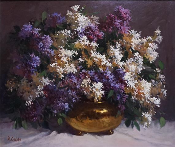 Rudolph Colao | Table Top Still Life of a Jardiniere of Lilacs | MutualArt