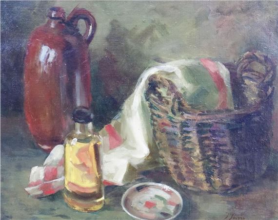 Stilleven met bruin geglazuurde kruik, olieflesjes, schoteltje met verf en mand met doek by Jacoba Surie