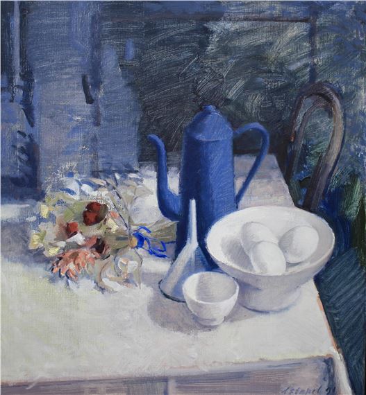 Stilleven met koffiepot, eieren en boeket op een tafel by Dick Stapel