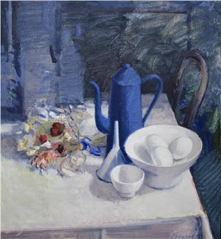 Stilleven met koffiepot, eieren en boeket op een tafel - Dick Stapel