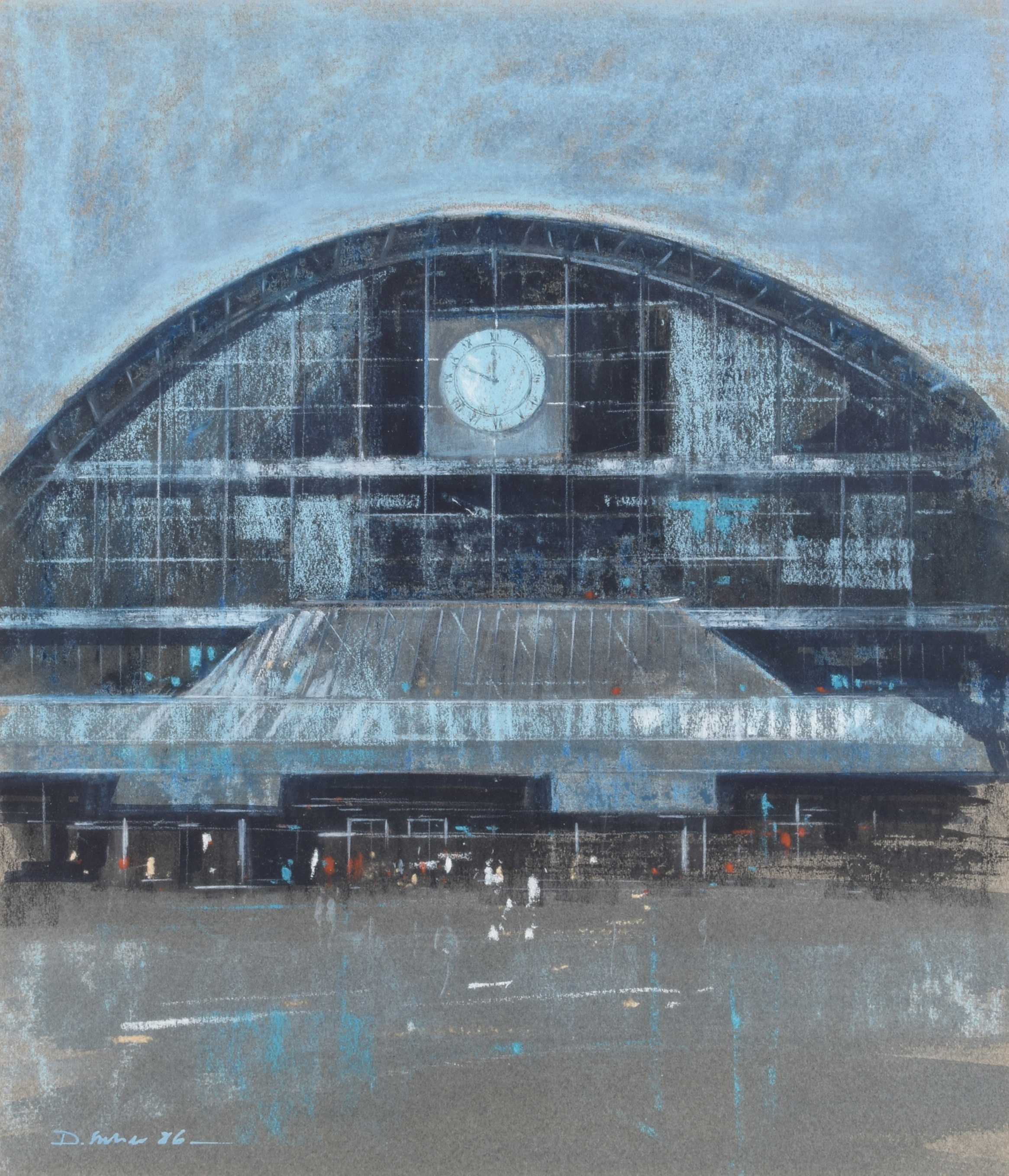 Artwork by D. Fricker, Designs for the Main Facade and Clock of the Greater Manchester Exhibition Centre or G-Mex Centre, Made of watercolour and pastel