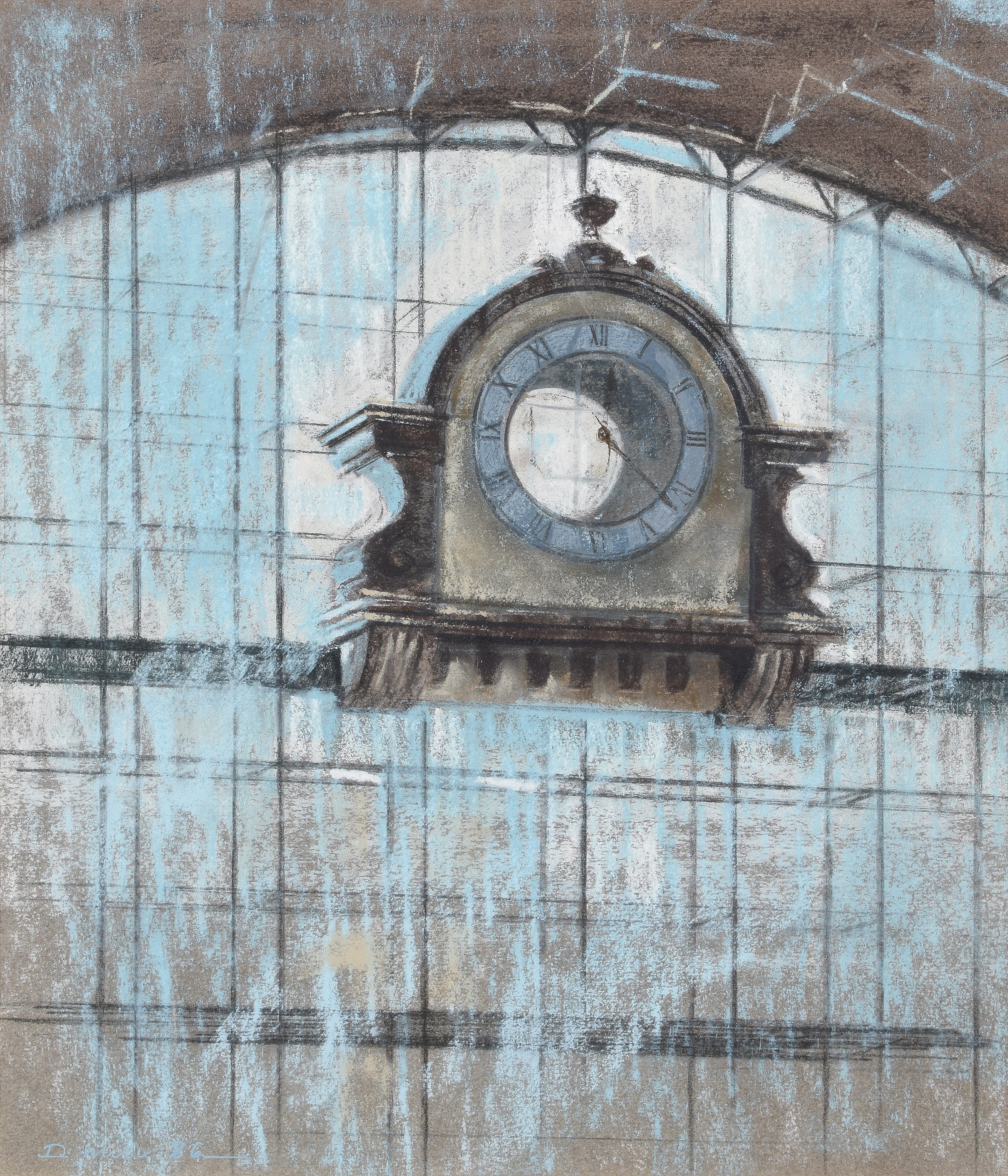 Artwork by D. Fricker, Designs for the Main Facade and Clock of the Greater Manchester Exhibition Centre or G-Mex Centre, Made of watercolour and pastel