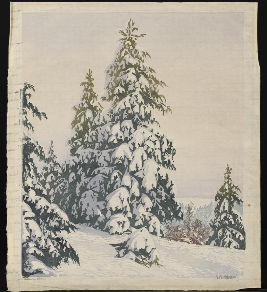 Artwork by Paul Leschhorn, Firs in the Snow, Made of Color woodcut on Japan paper