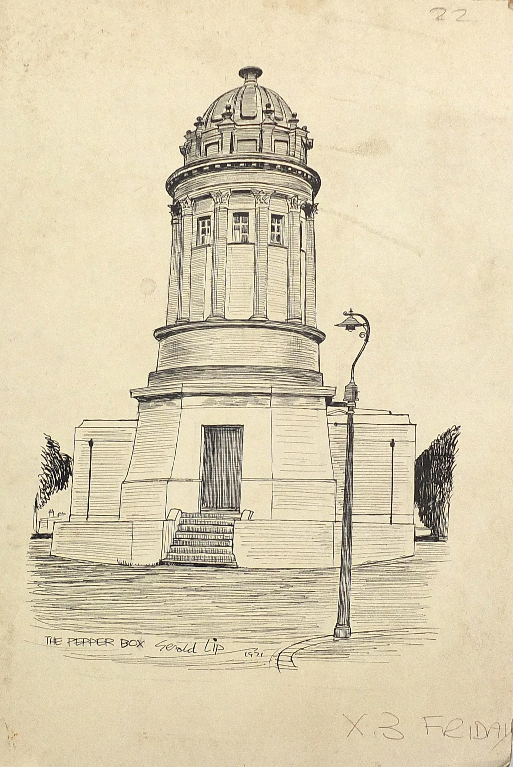 Artwork by Gerald Lip, The Pepper Box and Clocktower Brighton, Made of pen and inks on card