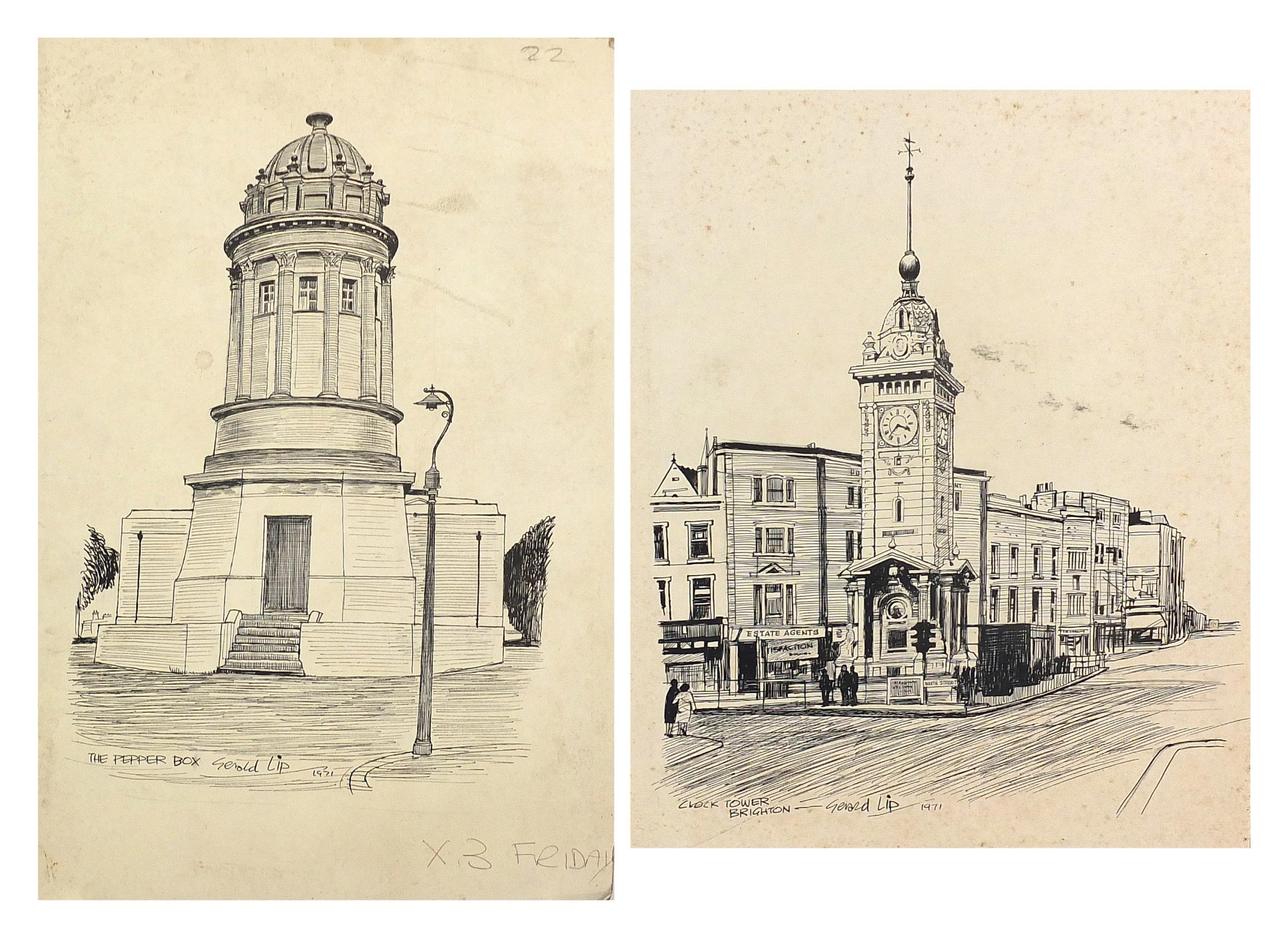 Artwork by Gerald Lip, The Pepper Box and Clocktower Brighton, Made of pen and inks on card