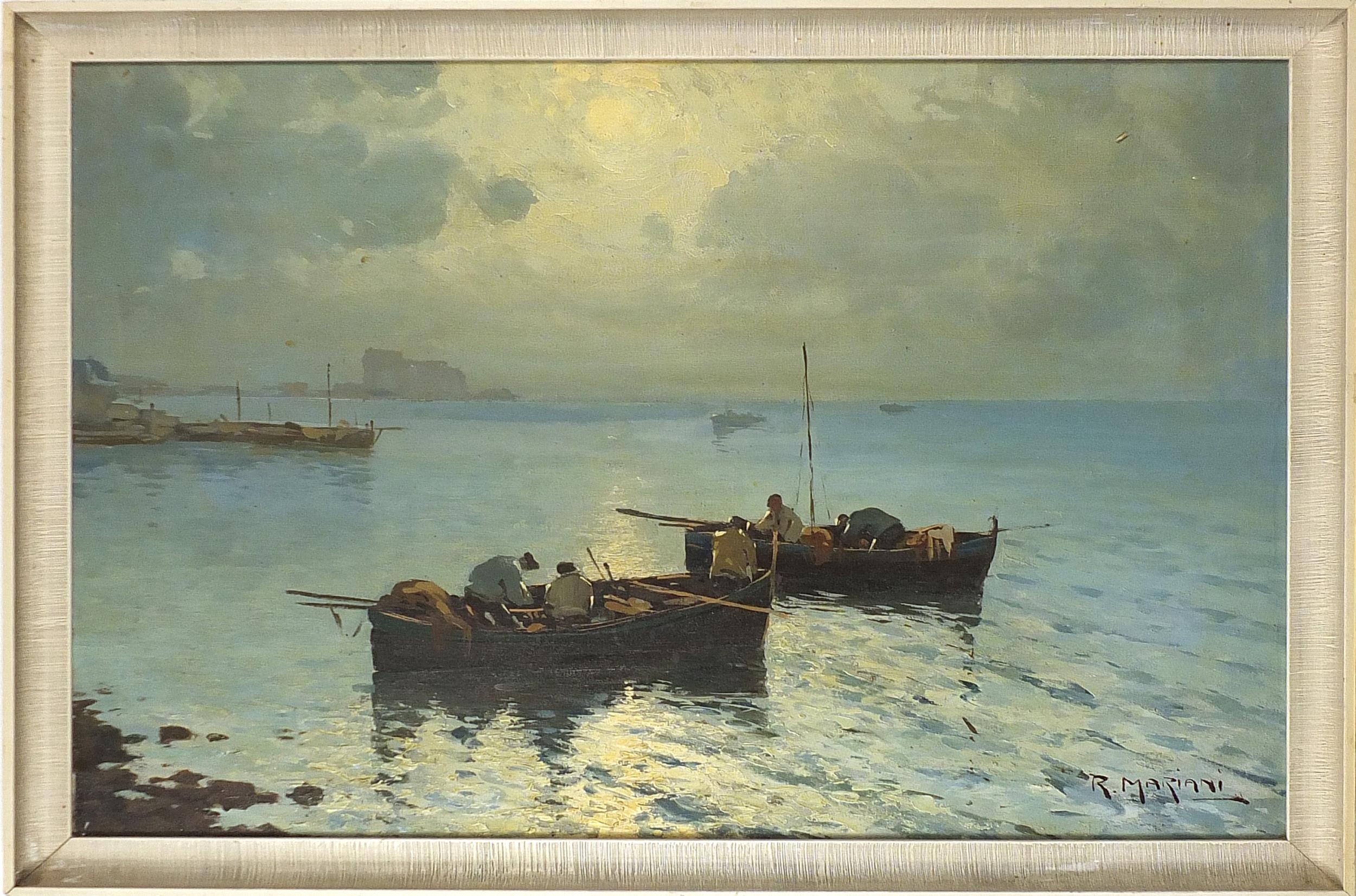 Artwork by R. Mariani, Figures in boats on water, Made of oil on canvas